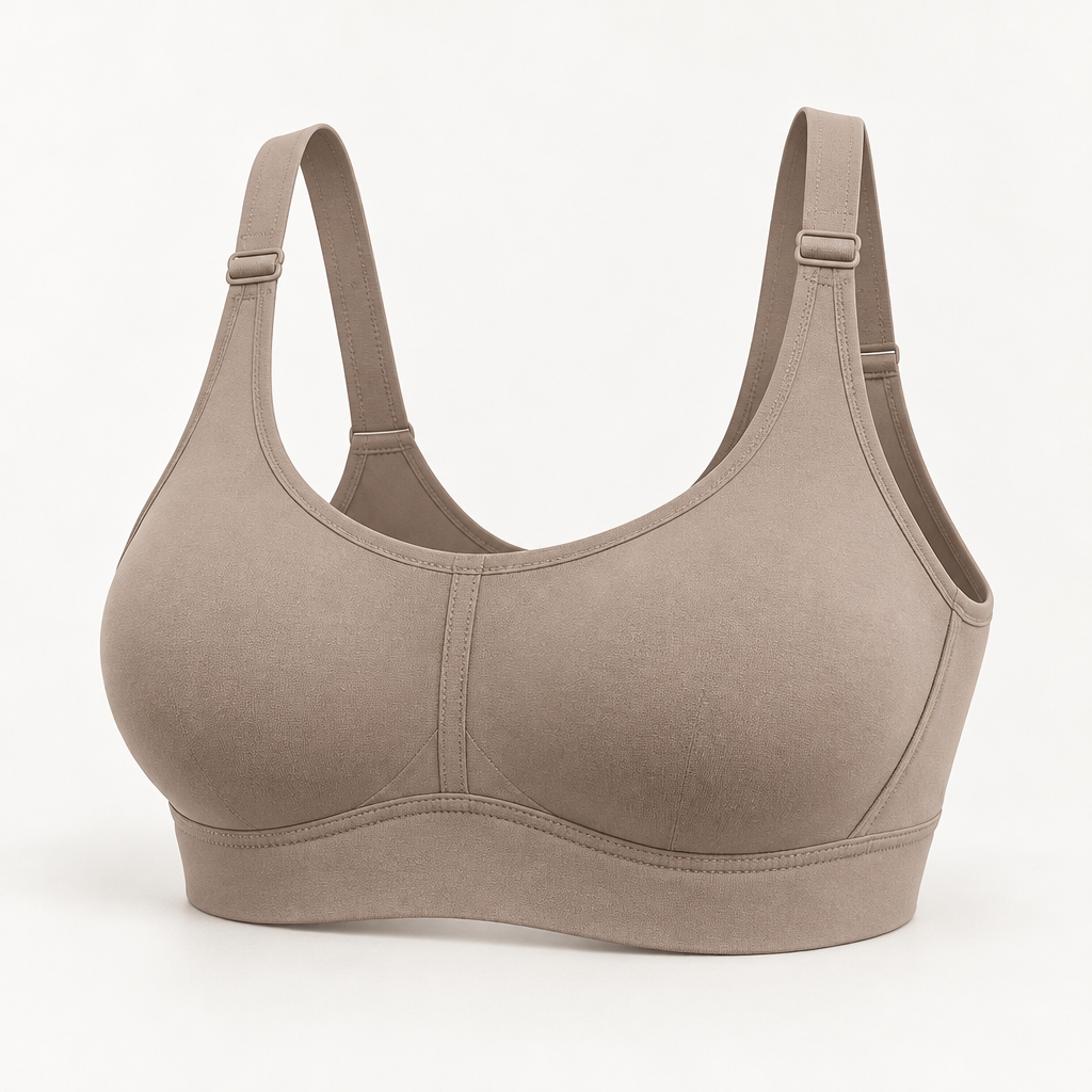 Everyday Wireless Scoop Bra in warm taupe — front three-quarter view
