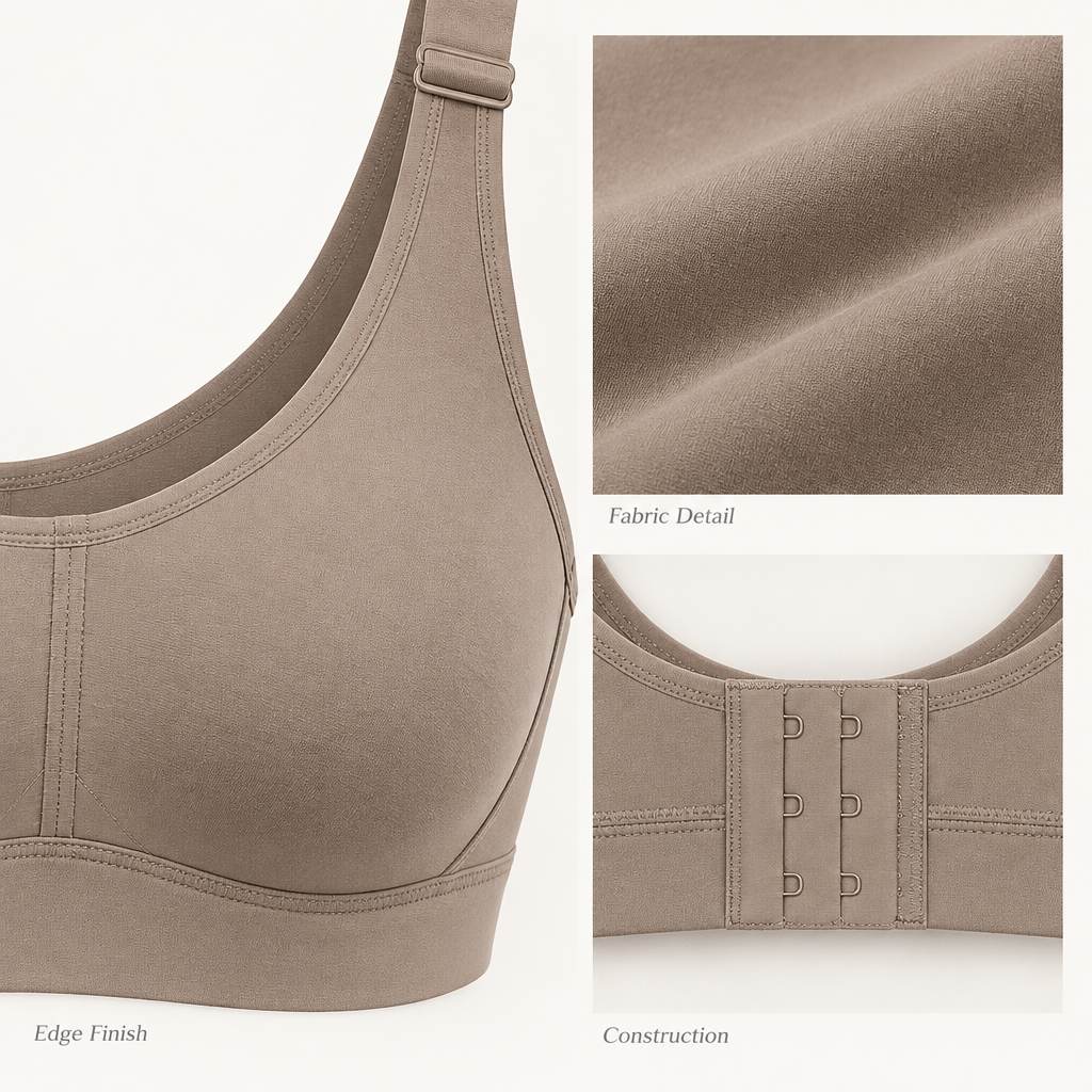 Everyday Wireless Scoop Bra in warm taupe — fabric and finishing details