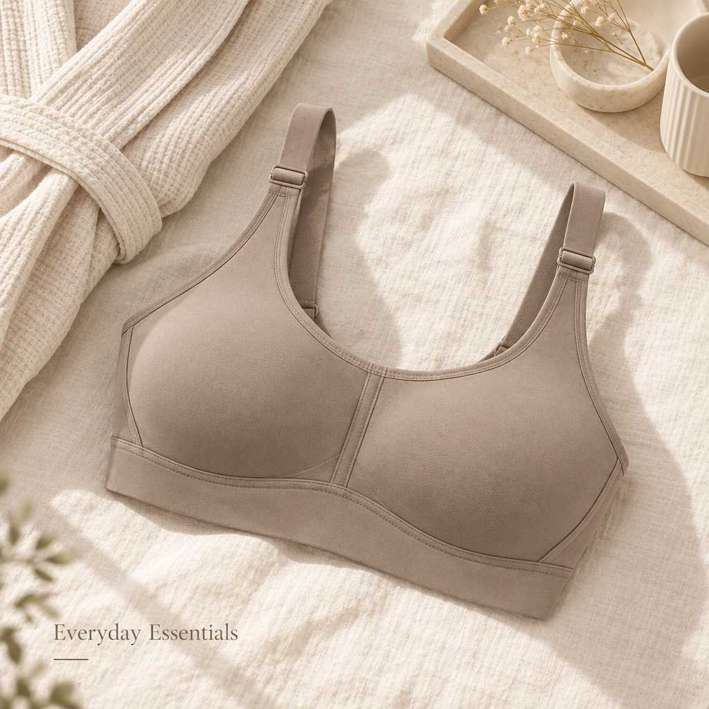 Everyday Wireless Scoop Bra in warm taupe — everyday styling view