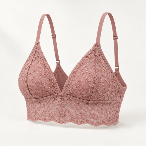 Floral Lace Triangle Bralette in muted dusty rose — front three-quarter view