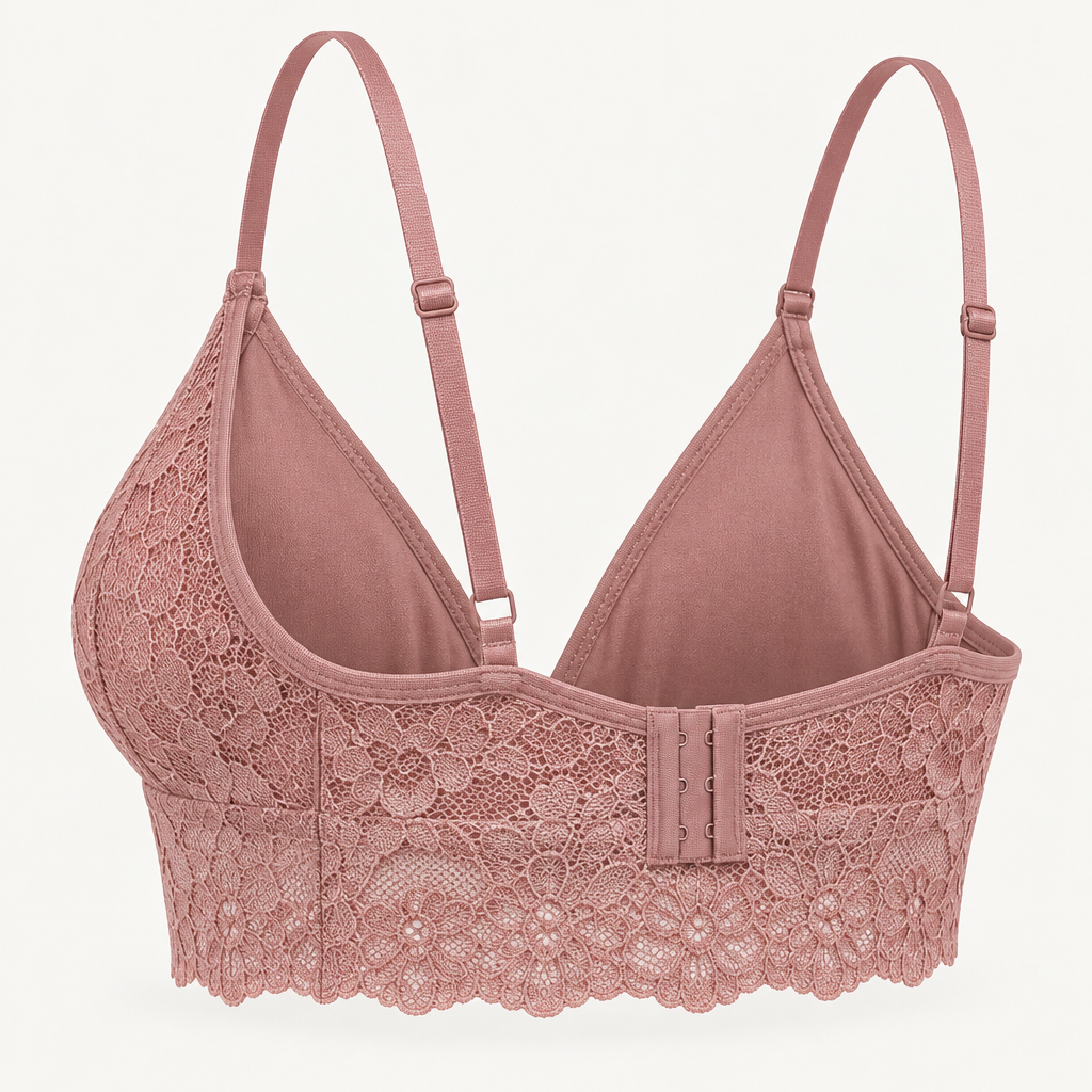 Floral Lace Triangle Bralette in muted dusty rose — rear construction view