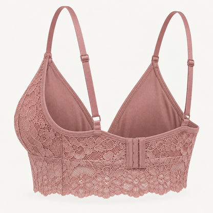 Floral Lace Triangle Bralette in muted dusty rose — rear construction view