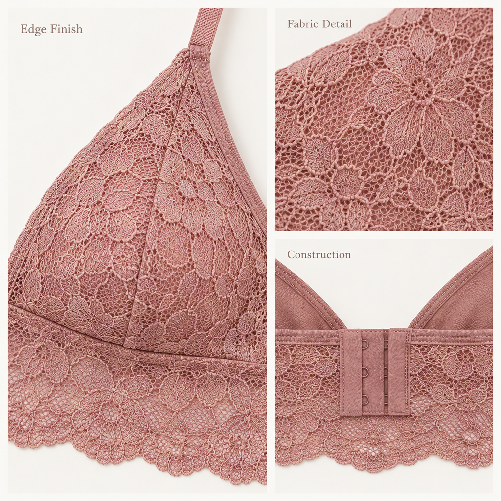Floral Lace Triangle Bralette in muted dusty rose — fabric and finishing details