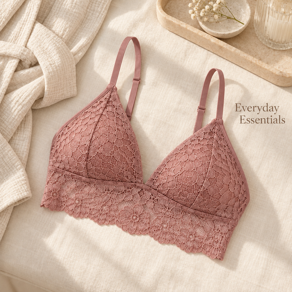 Floral Lace Triangle Bralette in muted dusty rose — everyday styling view