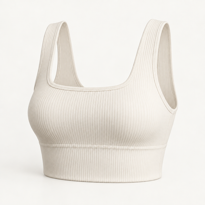 Ribbed Longline Lounge Bralette in soft ivory — front three-quarter view