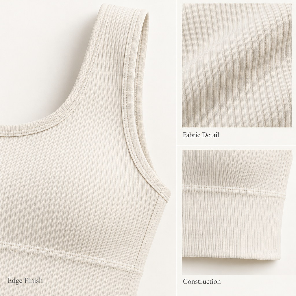 Ribbed Longline Lounge Bralette in soft ivory — fabric and finishing details