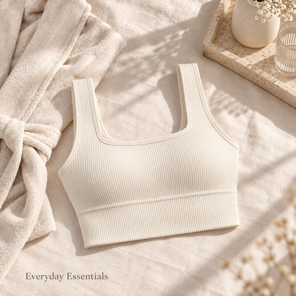 Ribbed Longline Lounge Bralette in soft ivory — everyday styling view