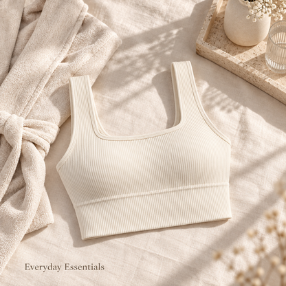 Ribbed Longline Lounge Bralette in soft ivory — everyday styling view