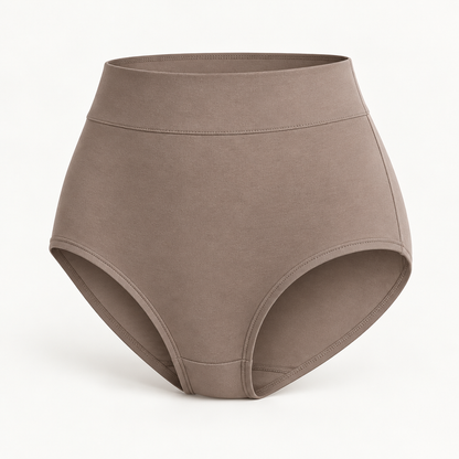 High-Rise Everyday Briefs in warm taupe — front three-quarter view
