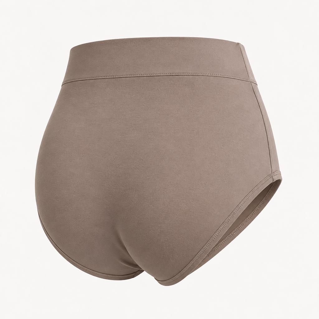 High-Rise Everyday Briefs in warm taupe — rear construction view