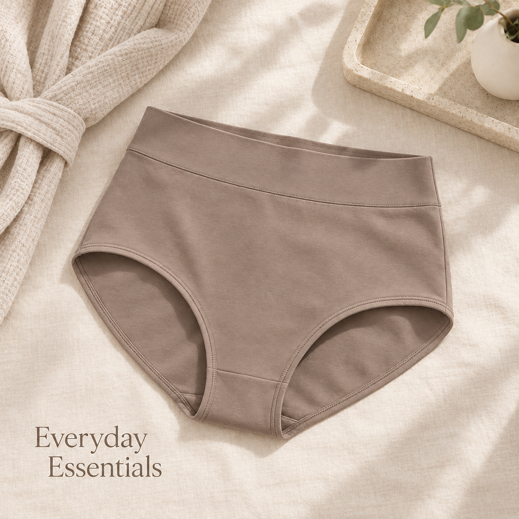 High-Rise Everyday Briefs in warm taupe — everyday styling view
