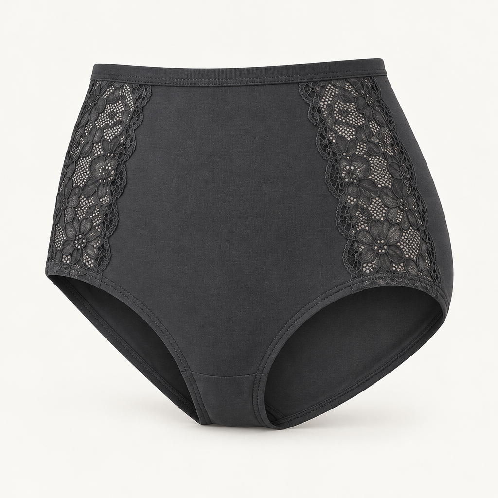 Lace-Panel High-Rise Briefs in deep charcoal — front three-quarter view
