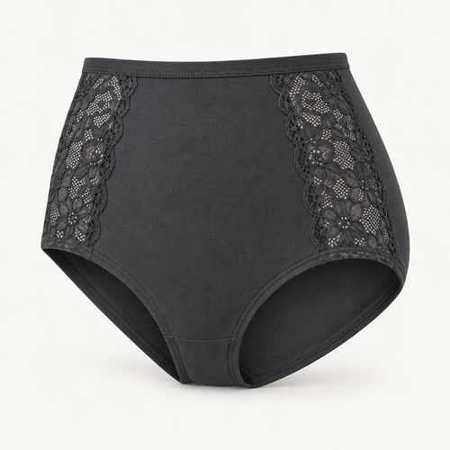 Lace-Panel High-Rise Briefs in deep charcoal — front three-quarter view