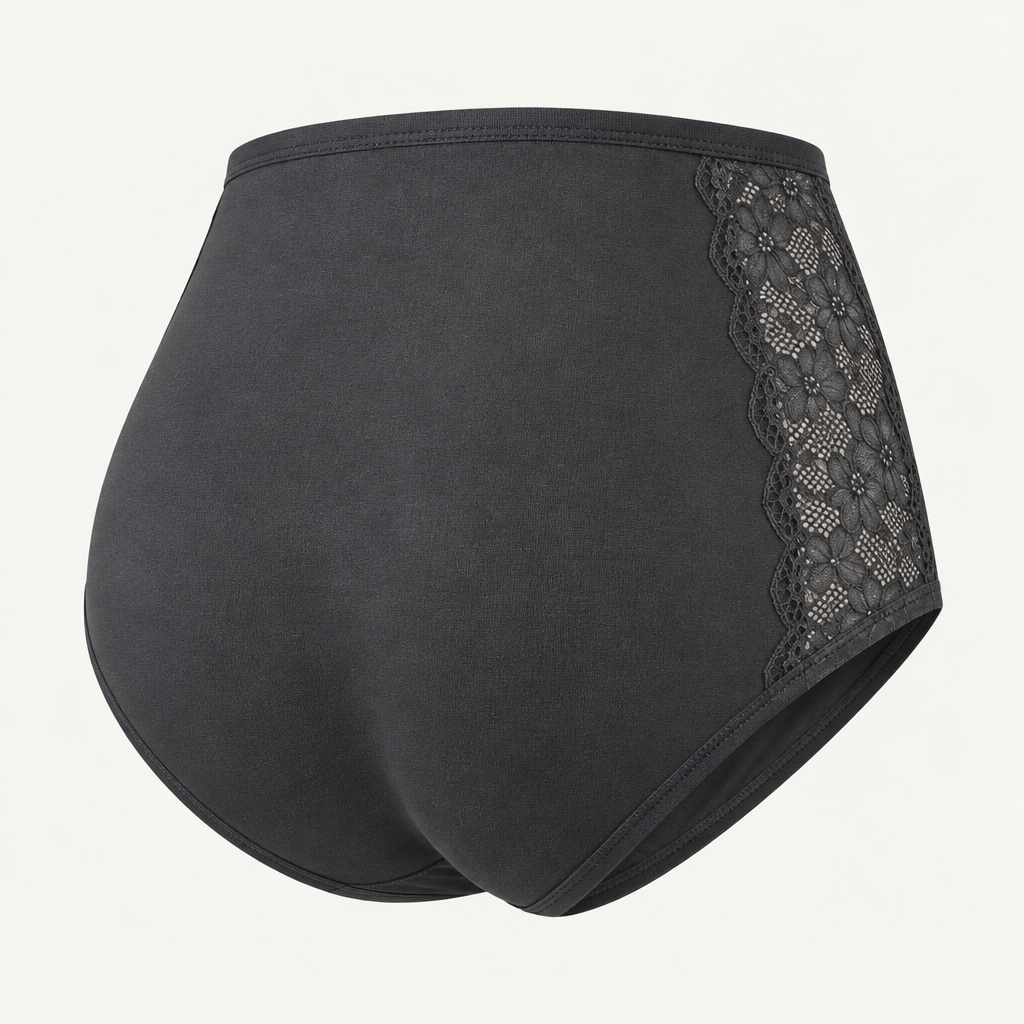 Lace-Panel High-Rise Briefs in deep charcoal — rear construction view