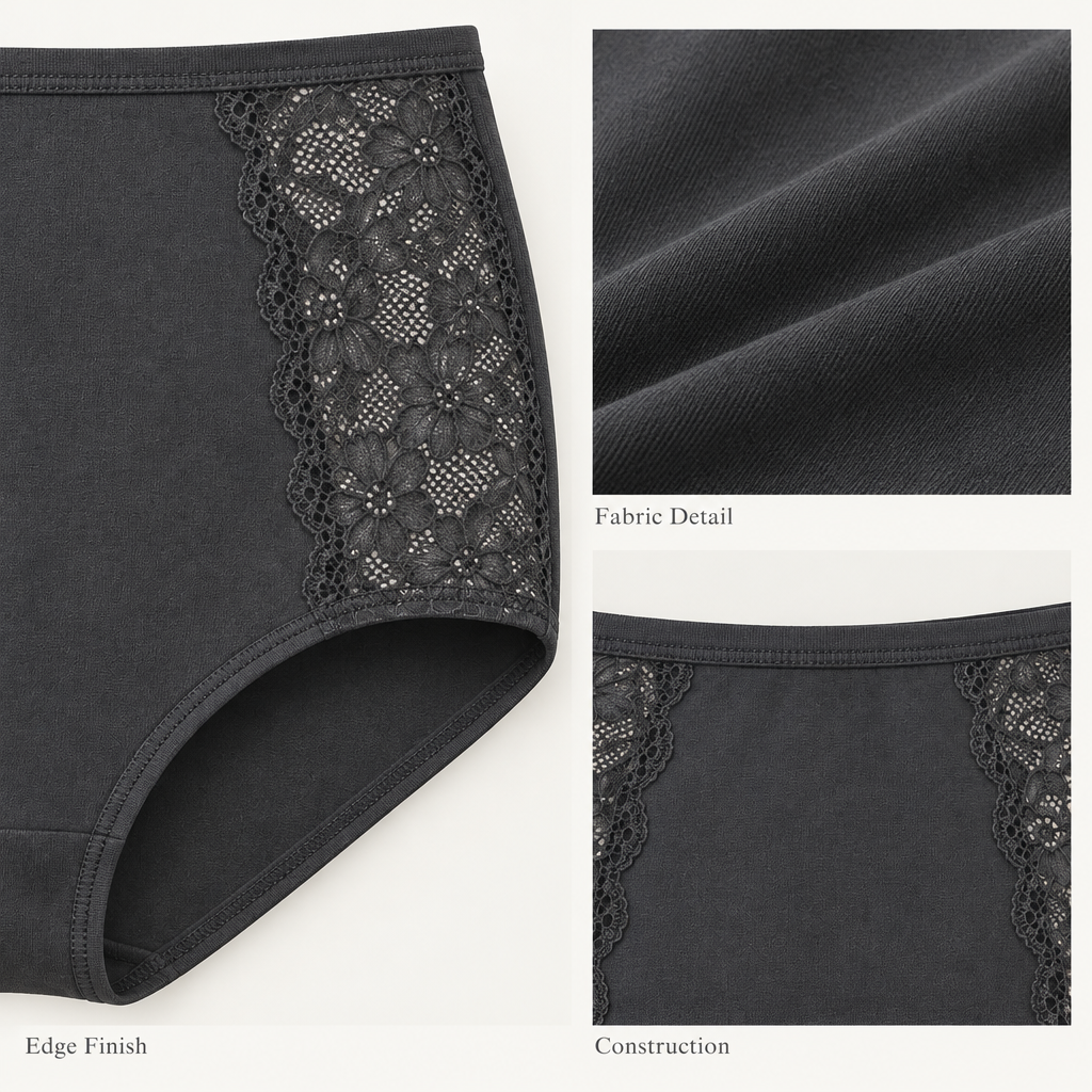 Lace-Panel High-Rise Briefs in deep charcoal — fabric and finishing details