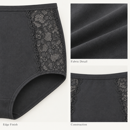 Lace-Panel High-Rise Briefs in deep charcoal — fabric and finishing details