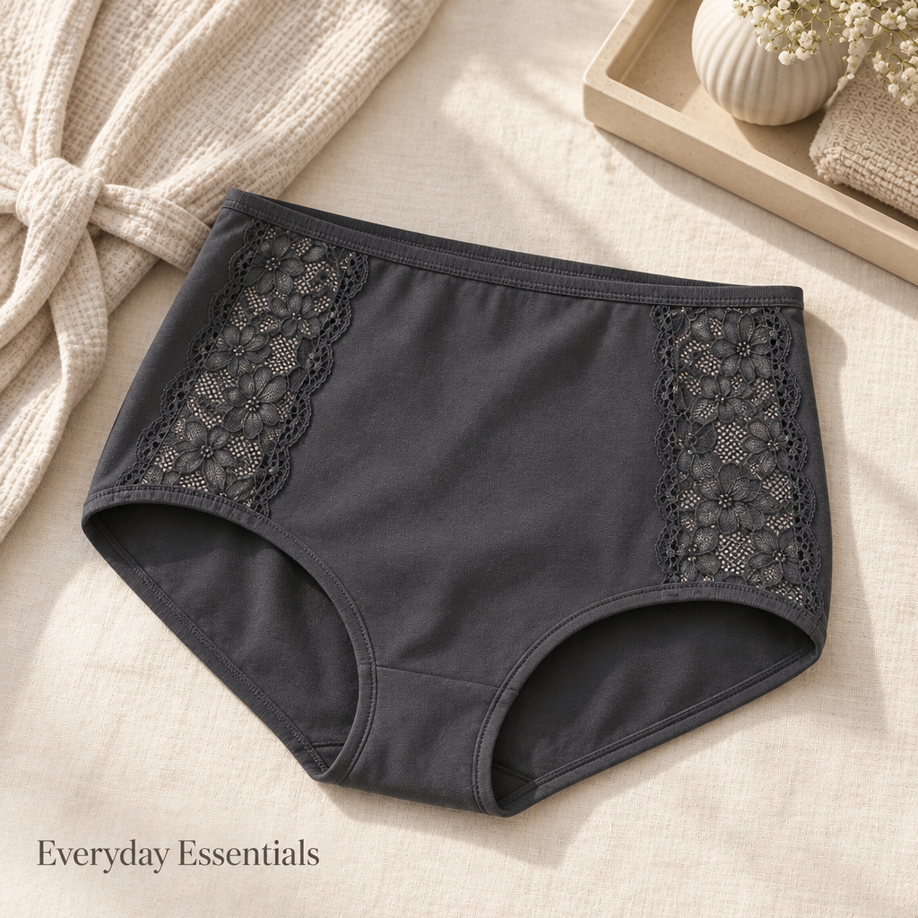 Lace-Panel High-Rise Briefs in deep charcoal — everyday styling view