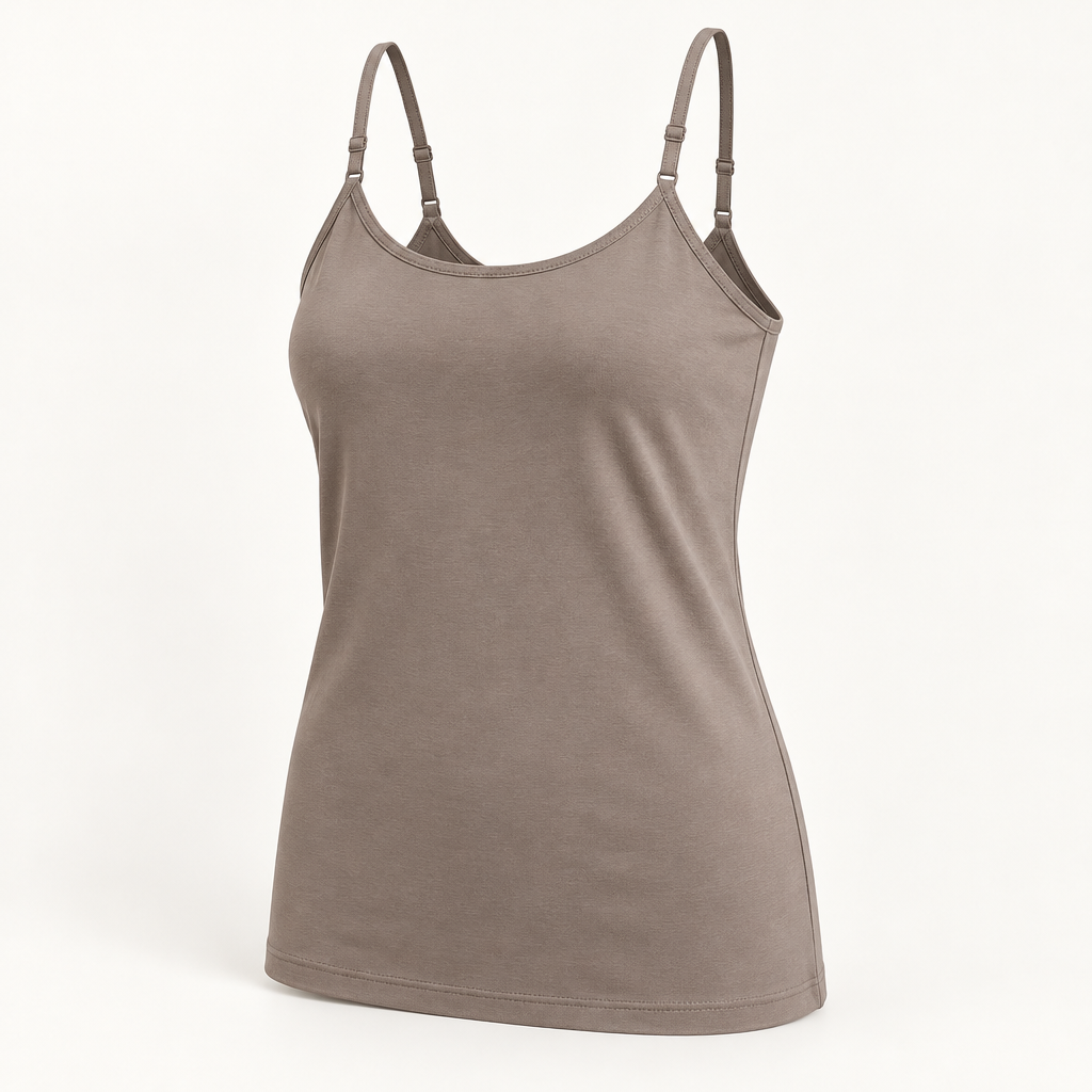 Adjustable-Strap Lounge Camisole in warm taupe — front three-quarter view