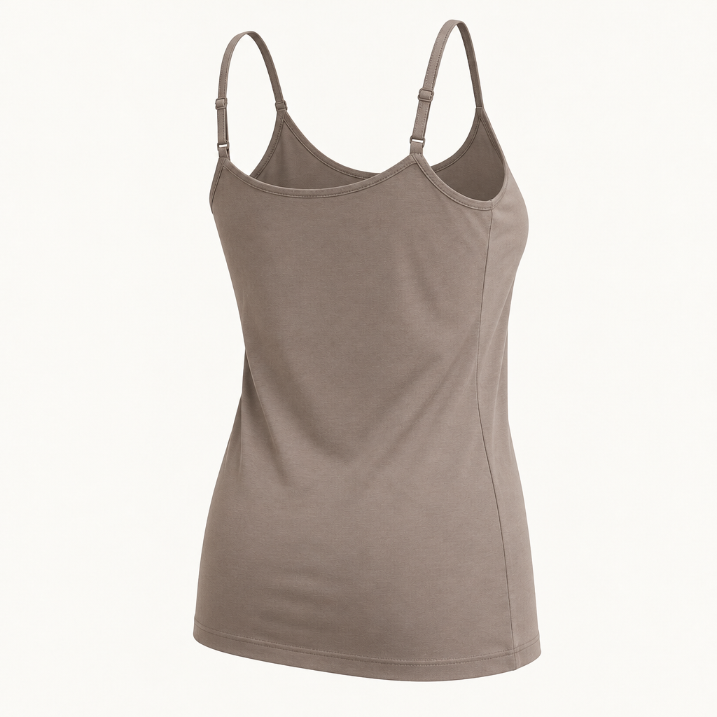 Adjustable-Strap Lounge Camisole in warm taupe — rear construction view