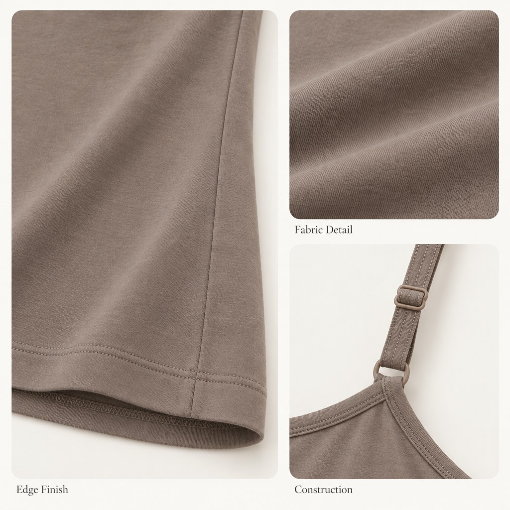 Adjustable-Strap Lounge Camisole in warm taupe — fabric and finishing details