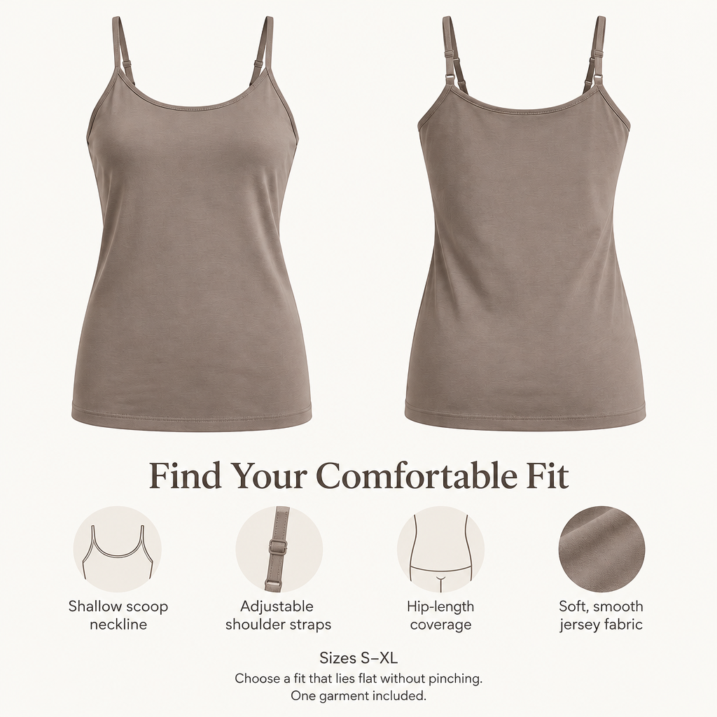 Adjustable-Strap Lounge Camisole in warm taupe — coverage and fit overview