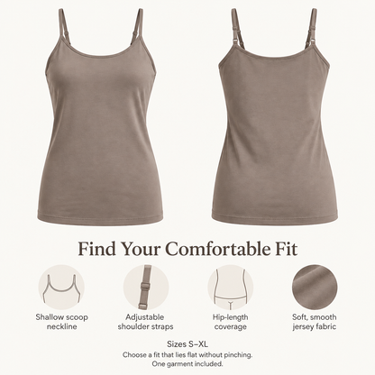 Adjustable-Strap Lounge Camisole in warm taupe — coverage and fit overview